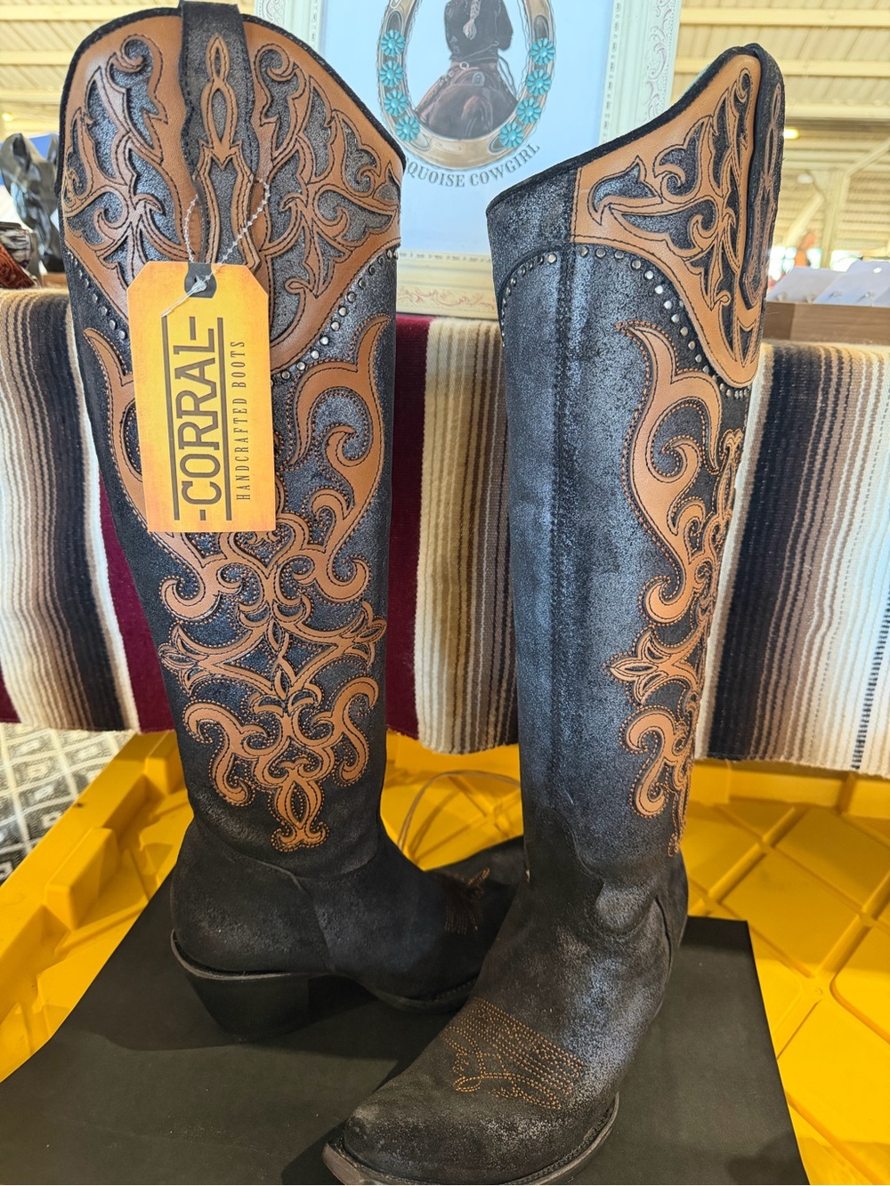 Corral LD Black Overlay & Embroidery Studded Hi Lo Top Boot